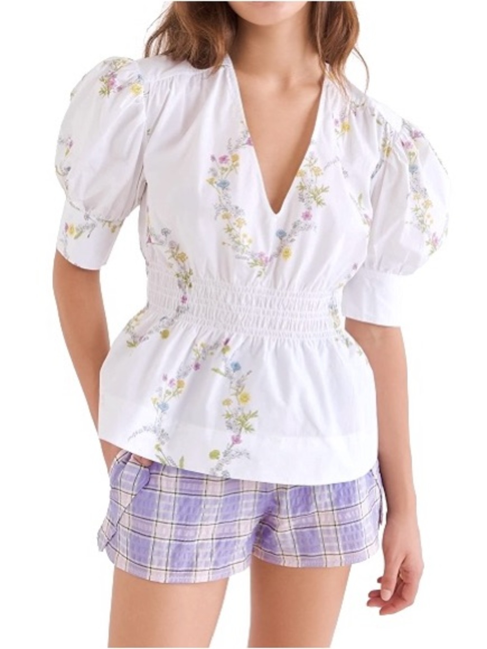 GANNI blouse White Floral poplin Peplum